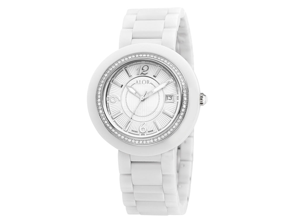 Alor 43mm Stainless Steel Swiss made with White Ceramic/Stainless Steel bezel, Cabochon Crown, double curved sapphire crystal and white dial with silver Arabic markers, 0.73 total carat weight Diamonds (73 stones) on a white ceramic bracelet. Water resis