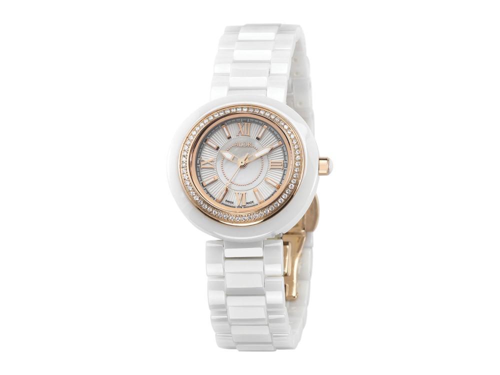 Alor 32mm Stainless Steel with White Ceramic/Stainless Steel bezel, Cabochon Crown, double curved sapphire crystal and white MOP dial with Roman markers, 0.35ct. Diamonds (70 stones) on a white ceramic bracelet. Water resistant to 3ATM.