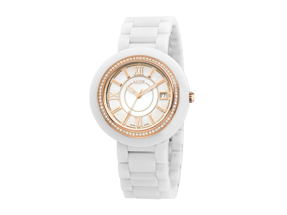 Alor 37mm Stainless Steel Swiss made with White Ceramic/Rose PVD bezel, Cabochon Crown, double curved sapphire crystal and MOP/white dial with rose Roman markers, 0.53 total carat weight Diamonds (66 stones) on a white ceramic bracelet. Water resistant t