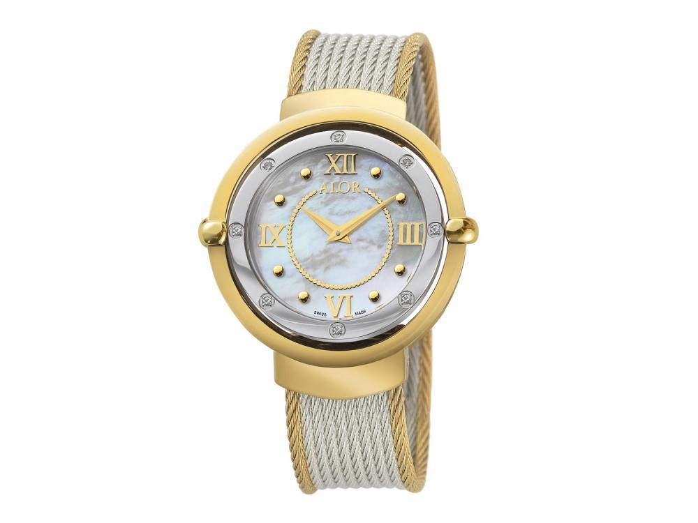 Alor 43mm Stainless Steel Swiss made with Yellow PVD/Stainless Steel bezel, double curved sapphire crystal and MOP dial with gold Roman markers 0.12 total carat weight Diamonds (8 stones) on a yellow (outside 2 row 2.5mm) & grey (inside 8 row 2.0mm) stai