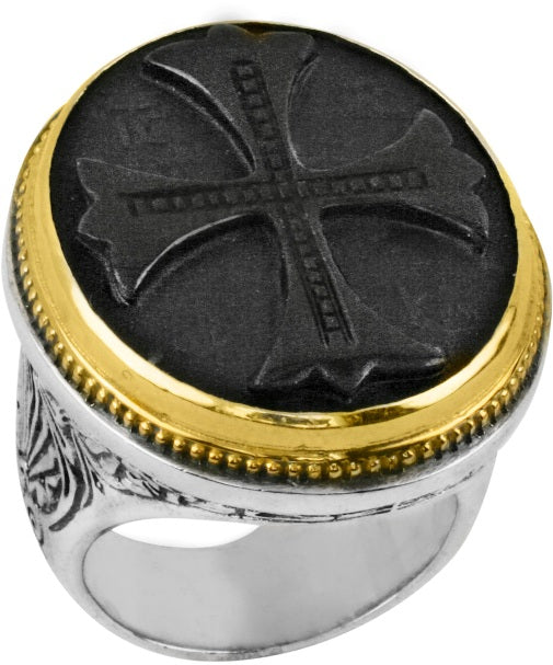 KONSTANTINO STERLING SILVER &18K GOLD CARVED ONYX RING FROM THE ASPASIA SILVER & GOLD COLLECTION