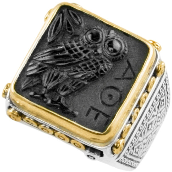 KONSTANTINO STERLING SILVER & 18K GOLD ONYX CARVED OWL MOTIF RING FROM THE PAGANINI COLLECTION