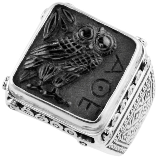 KONSTANTINO STERLING SILVER ONYX CARVED OWL MOTIF RING FROM THE PAGANINI COLLECTION