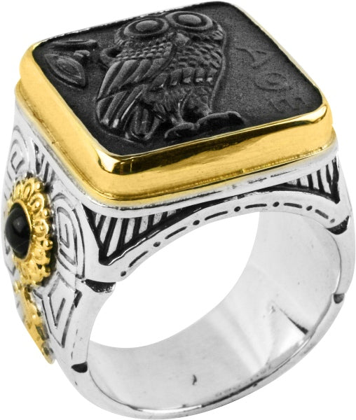 KONSTANTINO STERLING SILVER & 18K GOLD ONYX CARVED OWL MOTIF RING FROM THE PAGANINI COLLECTION