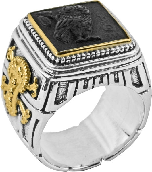 KONSTANTINO STERLING SILVER & 18K GOLD ONYX CARVED OWL MOTIF RING FROM THE PAGANINI COLLECTION