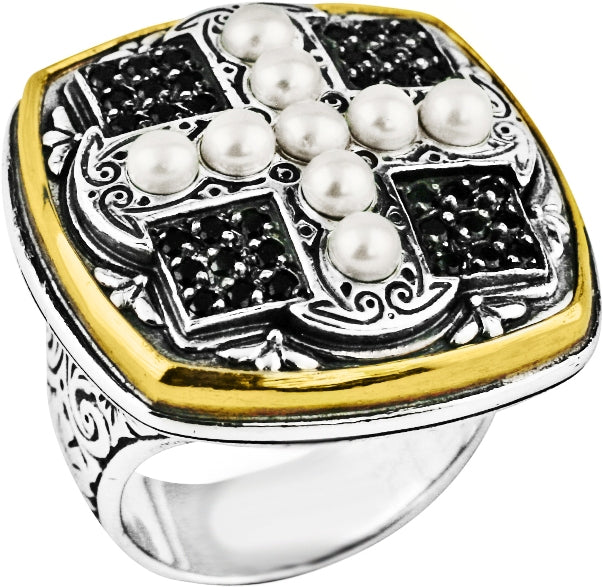 KONSTANTINO STERLING SILVER &18K GOLD PEARL & SPINEL CROSS RING FROM THE ROXANNE COLLECTION