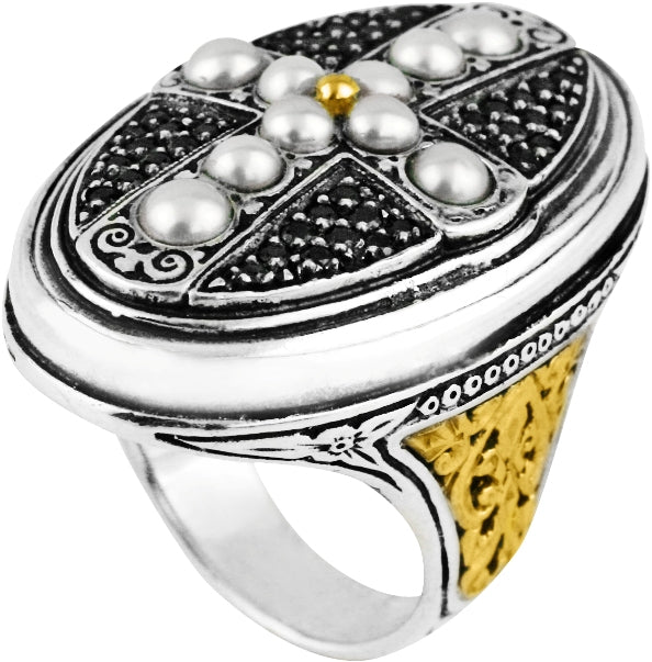 KONSTANTINO STERLING SILVER &18K GOLD PEARL & SPINEL CROSS RING FROM THE ROXANNE COLLECTION