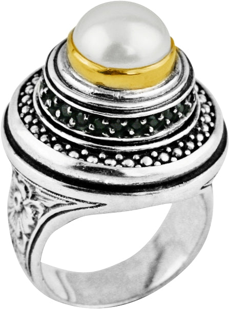 KONSTANTINO STERLING SILVER &18K GOLD PEARL & SPINEL RING FROM THE ROXANNE COLLECTION