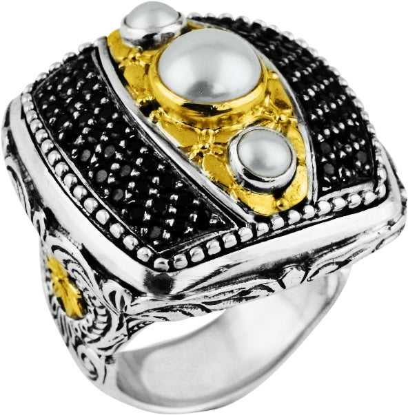 KONSTANTINO STERLING SILVER &18K GOLD PEARL & SPINEL RING FROM THE ROXANNE COLLECTION