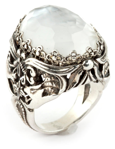 KONSTANTINO STERLING SILVER & ROCK CRYSTAL MOTHER OF PEARL DOUBLET SMALL OVAL RING FROM THE AURA COL