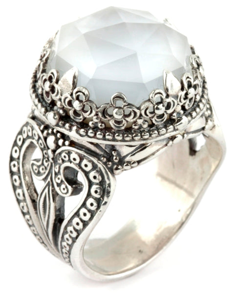 KONSTANTINO STERLING SILVER & ROCK CRYSTAL MOTHER OF PEARL DOUBLET ROUND RING FROM THE AURA COLLECTI