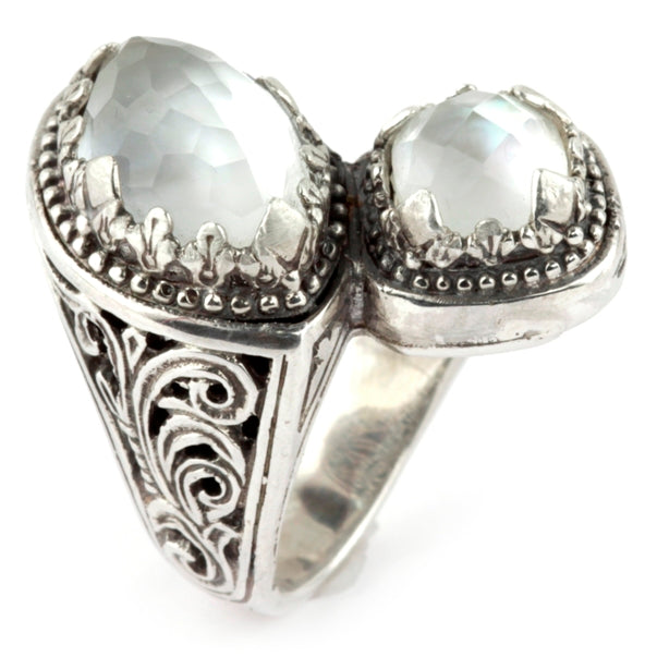 KONSTANTINO STERLING SILVER & ROCK CRYSTAL MOTHER OF PEARL DOUBLET TWO STONE RING FROM THE AURA COLL