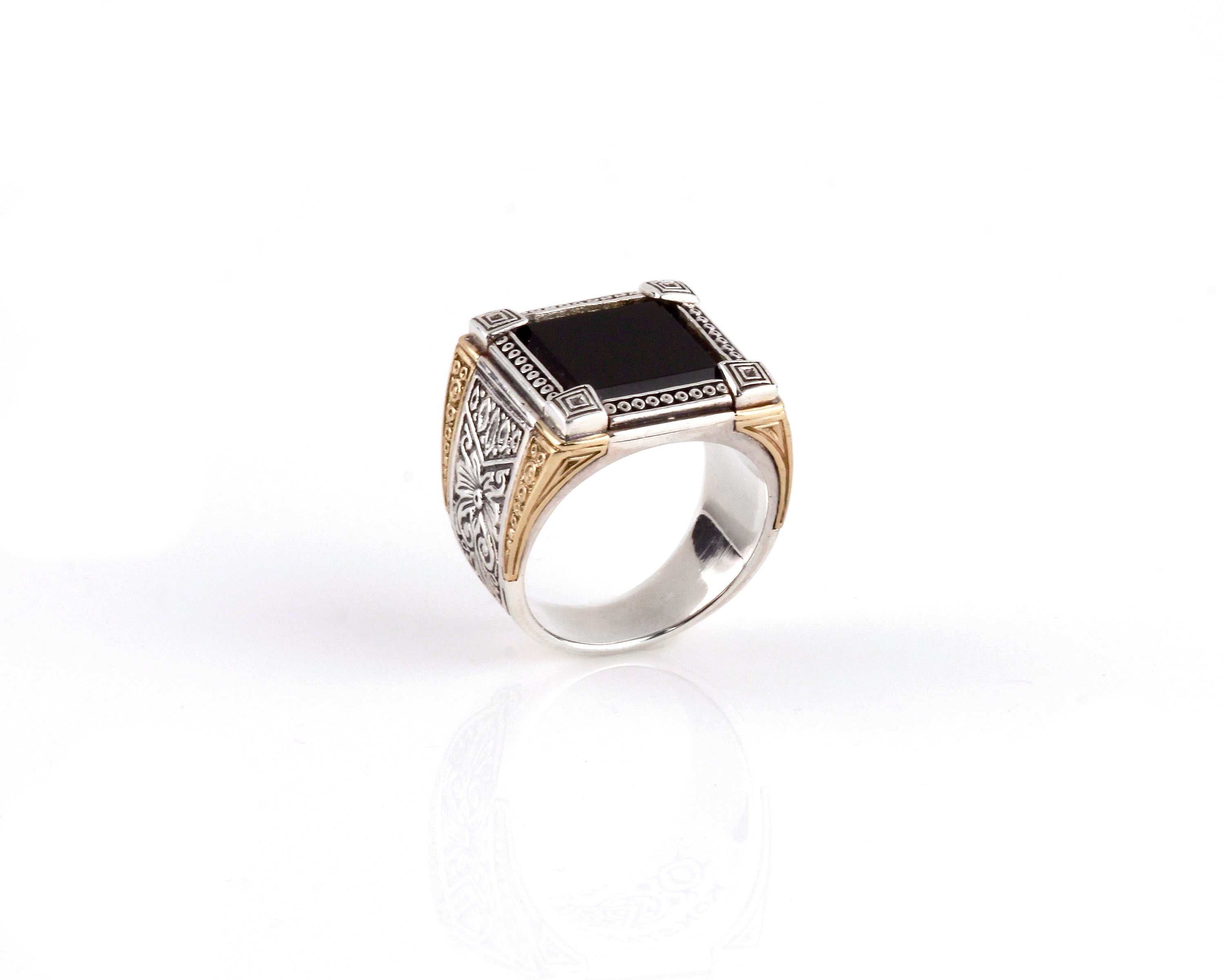 KONSTANTINO STERLING SILVER & BRONZE ONYX ORNATE CORNER SQUARE RING FROM THE PHIDIAS COLLECTION