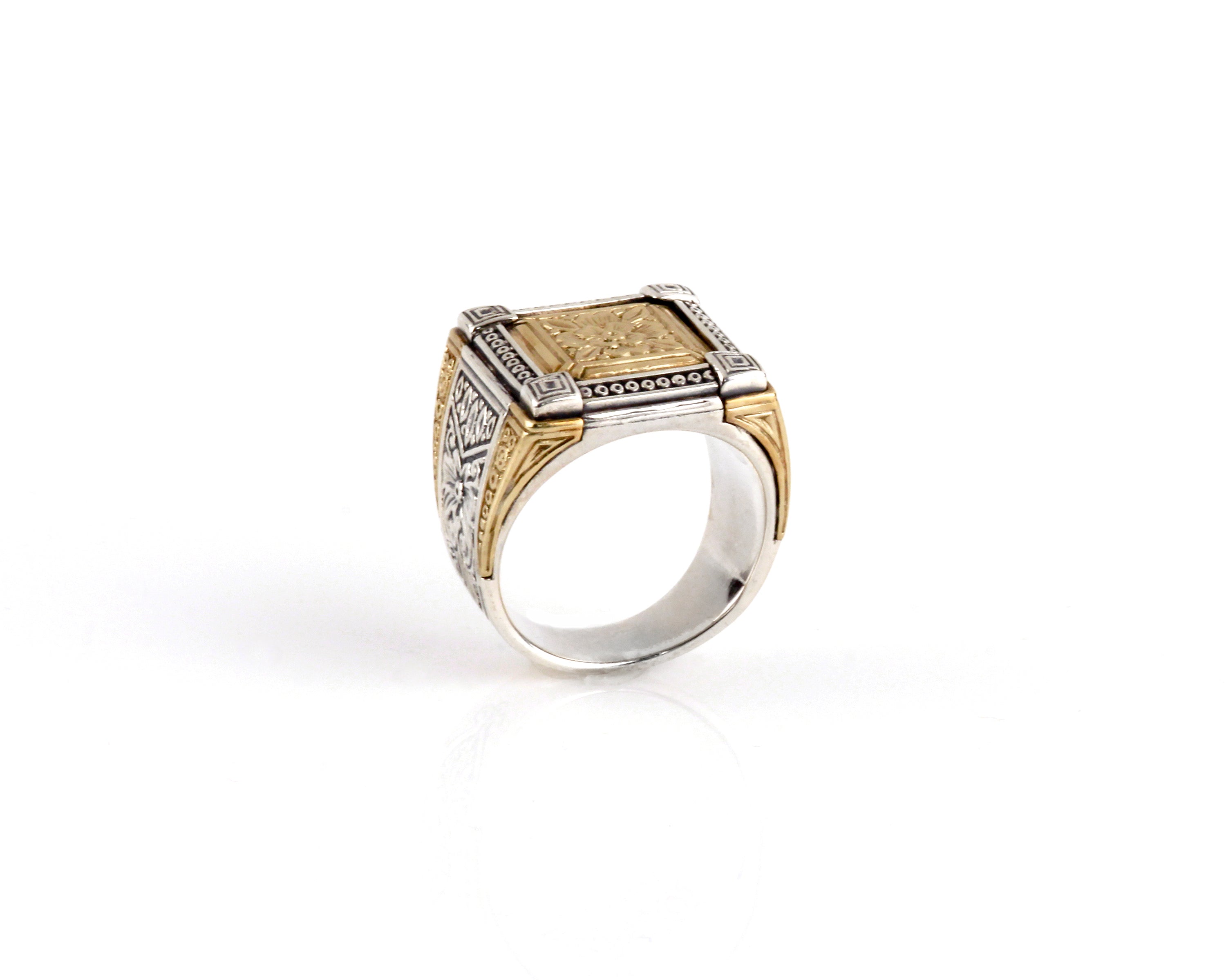 KONSTANTINO STERLING SILVER & BRONZE 4-CORNER DETAIL RECTANGLE RING FROM THE PHIDIAS COLLECTION