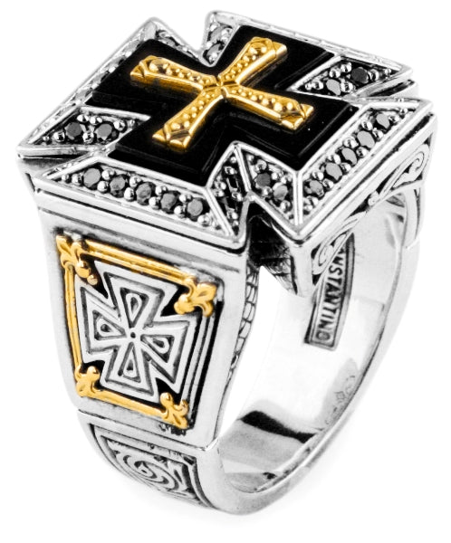 KONSTANTINO STERLING SILVER & 18K GOLD BLACK DIAMOND (0.46CT) & ONYX RING FROM THE ARES COLLECTION