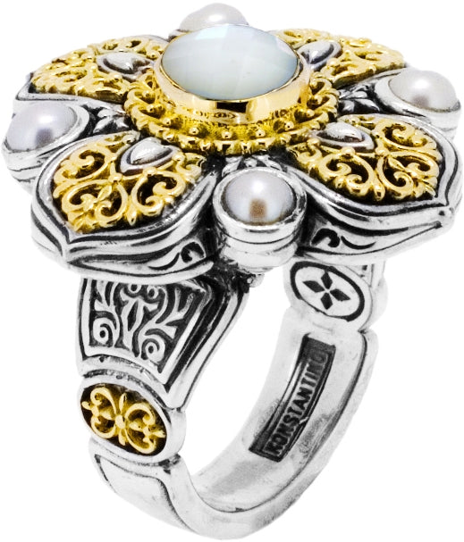 KONSTANTINO STERLING SILVER & 18K GOLD MOTHER OF PEARL & PEARL RING FROM THE SELENA COLLECTION