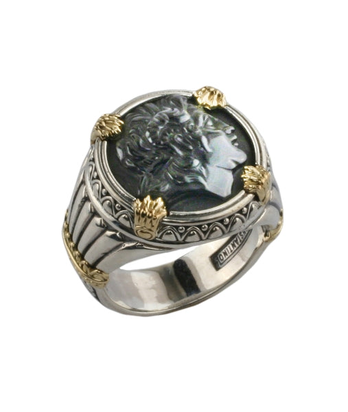 KONSTANTINO STERLING SILVER & 18K GOLD ONYX CARVED ALEXANDER MOTIF RING FROM THE PAGANINI COLLECTION