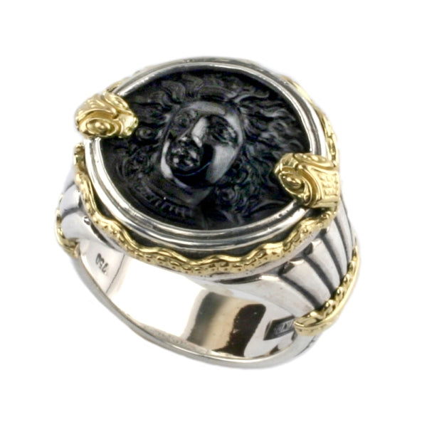 KONSTANTINO STERLING SILVER & 18K GOLD ONYX CARVED MEDUSA MOTIF RING FROM THE PAGANINI COLLECTION