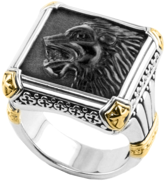 KONSTANTINO STERLING SILVER & 18K GOLD ONYX CARVED LION MOTIF RING FROM THE PAGANINI COLLECTION