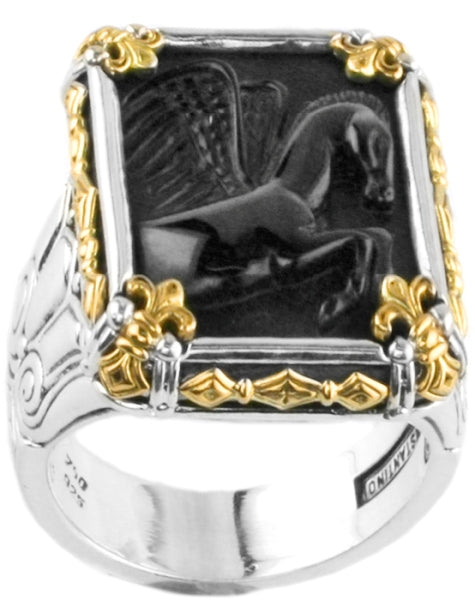 KONSTANTINO STERLING SILVER & 18K GOLD ONYX CARVED PEGASUS MOTIF RING FROM THE PAGANINI COLLECTION