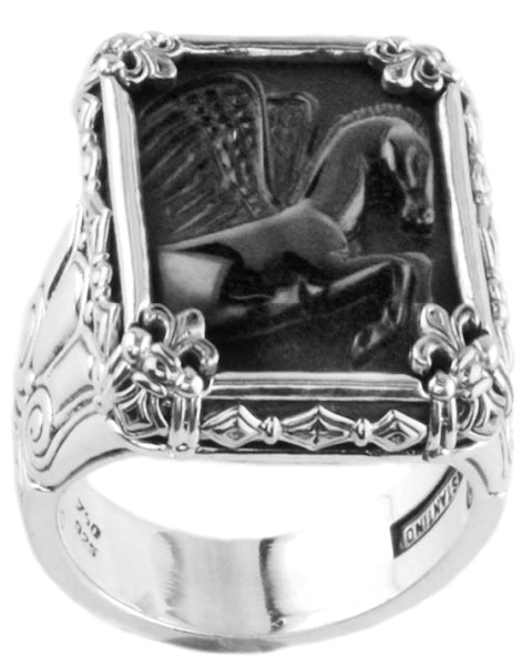 KONSTANTINO STERLING SILVER ONYX CARVED PEGASUS MOTIF RING FROM THE PAGANINI COLLECTION