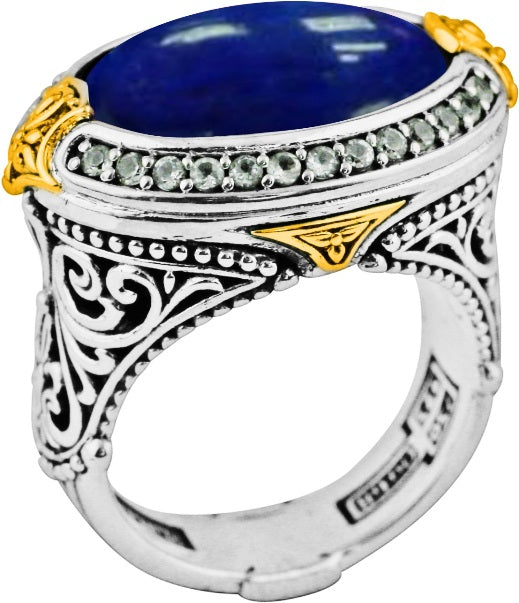 KONSTANTINO STERLING SILVER &18K GOLD LAPIS & WHITE TOPAZ RING FROM THE ELECTRA COLLECTION