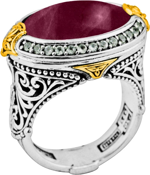 KONSTANTINO STERLING SILVER & 18K GOLD RUBY QUARTZ DOUBLET AND WHITE TOPAZ RING FROM THE OMORPHIA CO