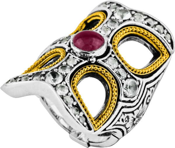 KONSTANTINO STERLING SILVER & 18K GOLD RUBY QUARTZ DOUBLET AND WHITE TOPAZ RING FROM THE OMORPHIA CO