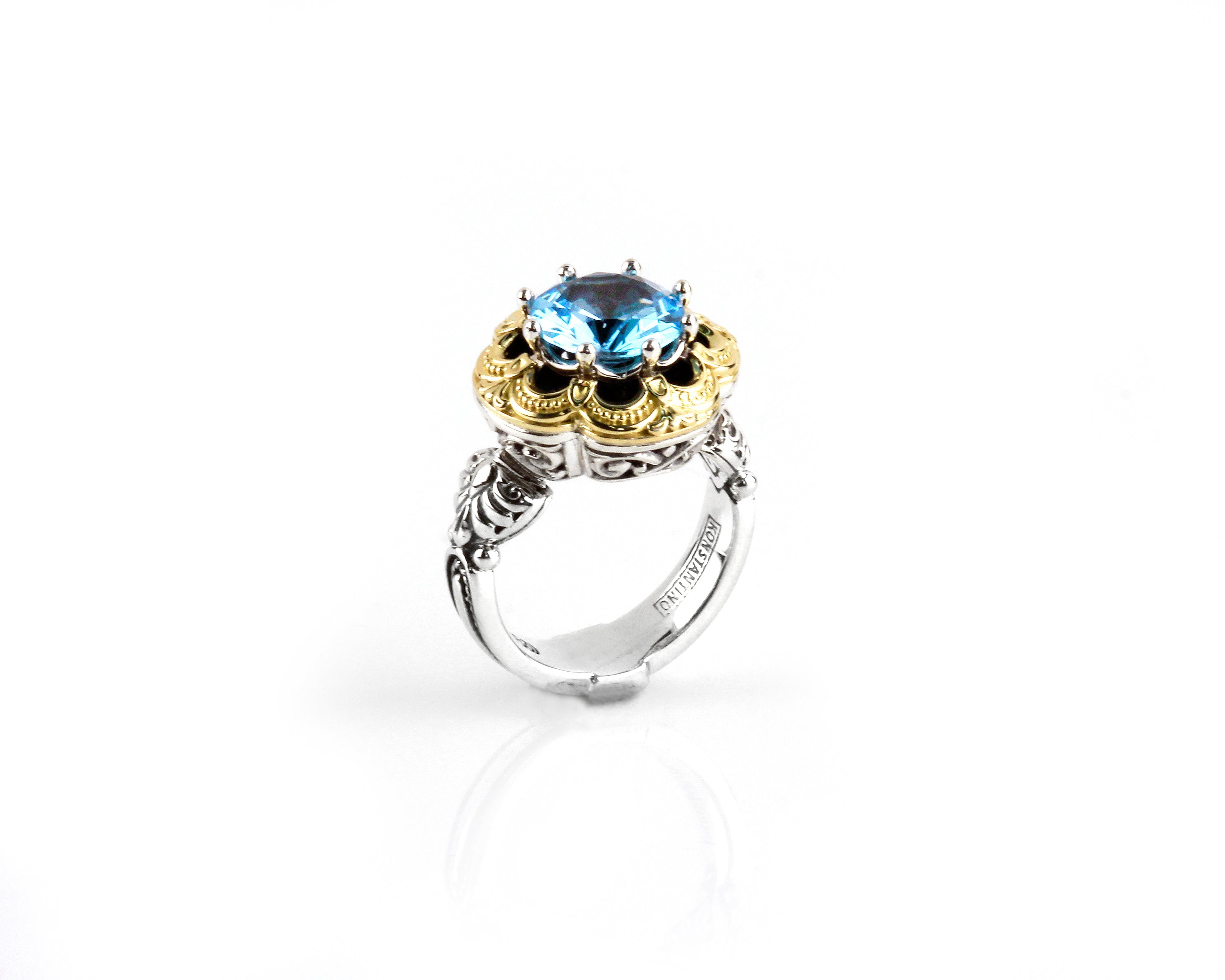 KONSTANTINO STERLING SILVER & 18K GOLD BLUE TOPAZ  FLORAL RING