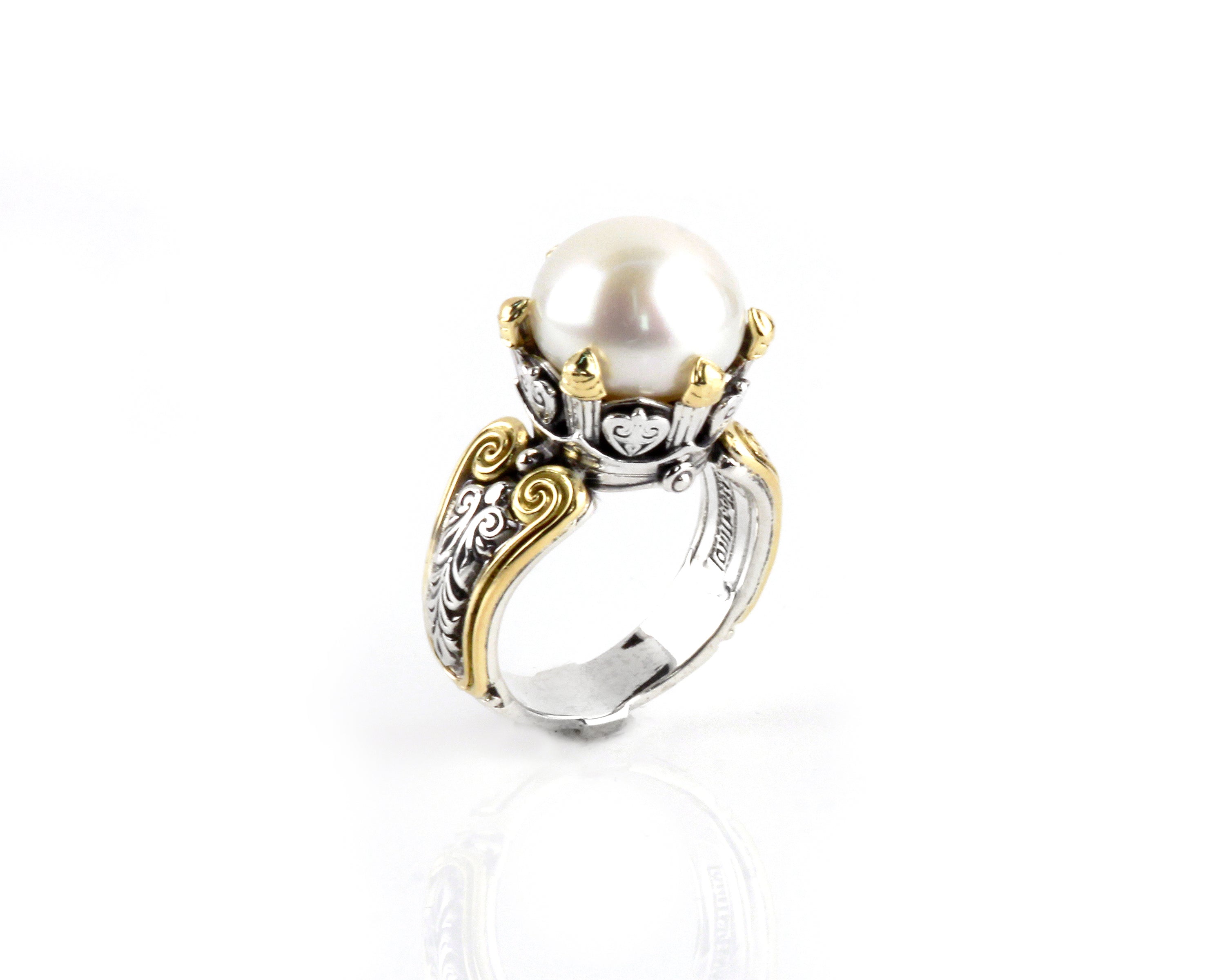 KONSTANTINO STERLING SILVER & 18K GOLD PEARL SCROLL DETAIL RING FROM THE HERMIONE COLLECTION