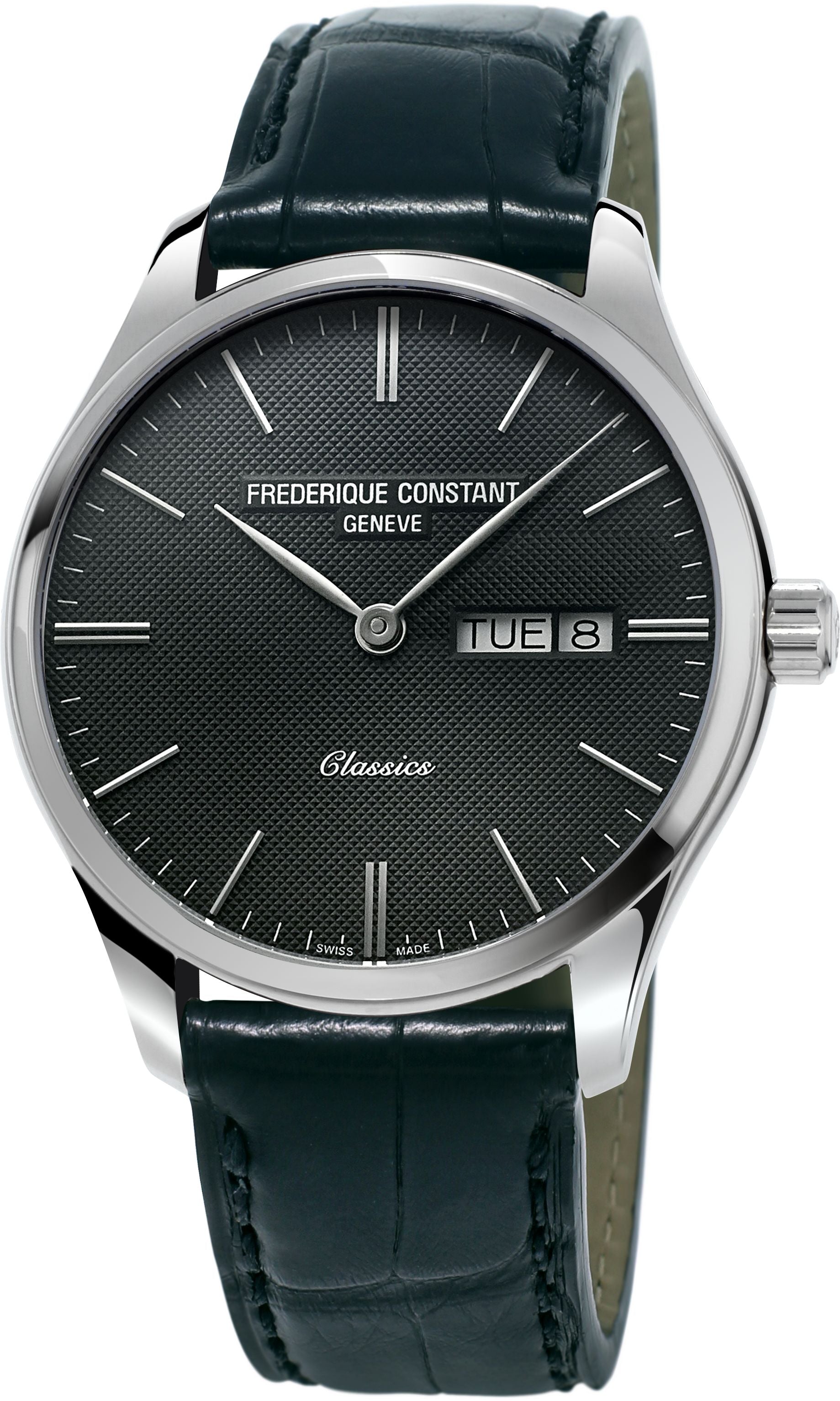 FREDERIQUE CONSTANT MENS STAINLESS STEEL Silver-Tone Quartz CLASSICS Leather Strap