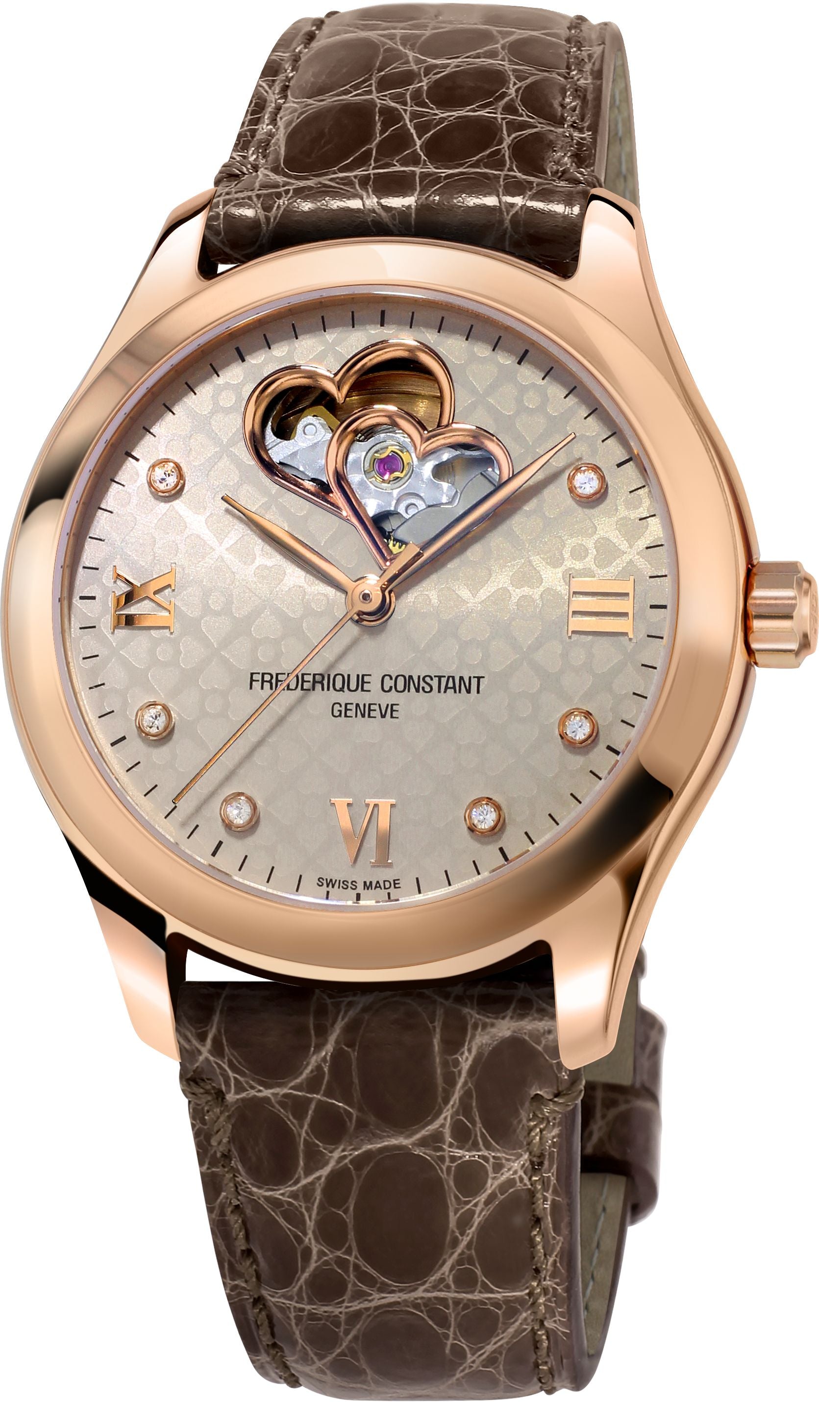 FREDERIQUE CONSTANT LADIES STAINLESS STEEL Rose Gold-Tone Automatic LADIES AUTOMATIC Genuine Alligator Strap