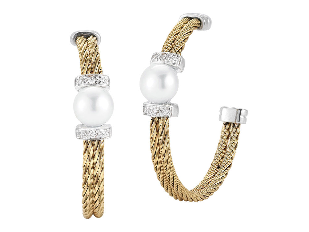 Alor 18 karat White Gold, stainless steel and yellow stainless steel cable with White Freshwater Pearls and 0.11 total carat weight Diamonds. Imported.