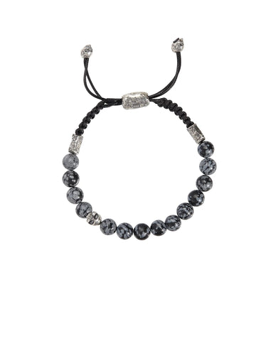 MENS SKULL STERLING SILVER SLIDER BRACELET, BEADED, WITH OBSIDIAN