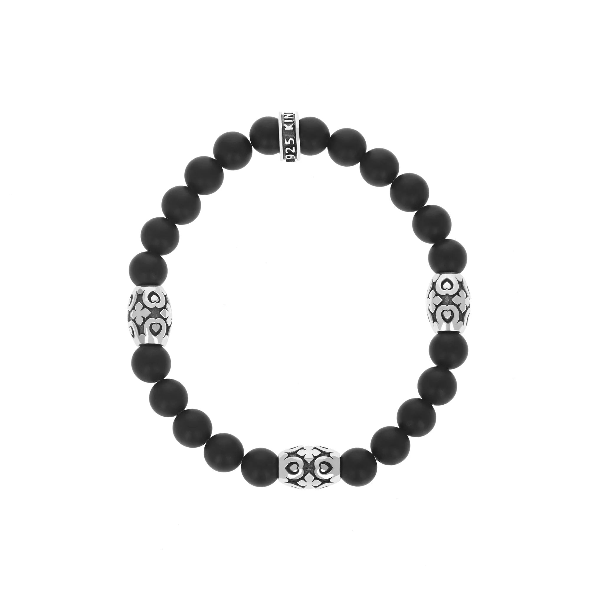 MENS ONYX BEADED BRACELET WITH 3 MB CROSS SCROLL BARREL BEADS