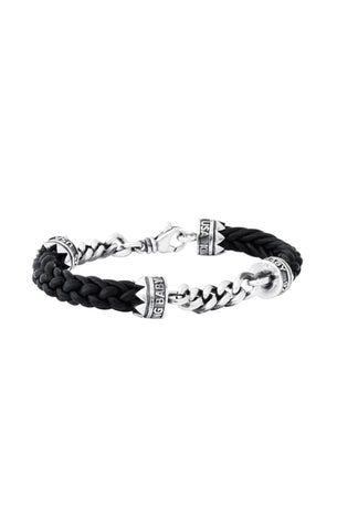 MENS DOUBLE SILVER CHAIN AND LEATHER LANYARD BRACELET