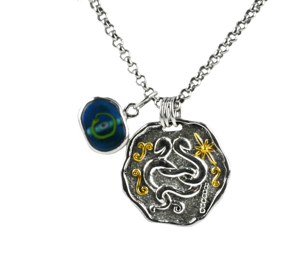 KONSTANTINO STERLING SILVER & 18K GOLD GLASS EVIL EYE & BLUE TOPAZ CHARM NECKLACE FROM THE MATI COLL