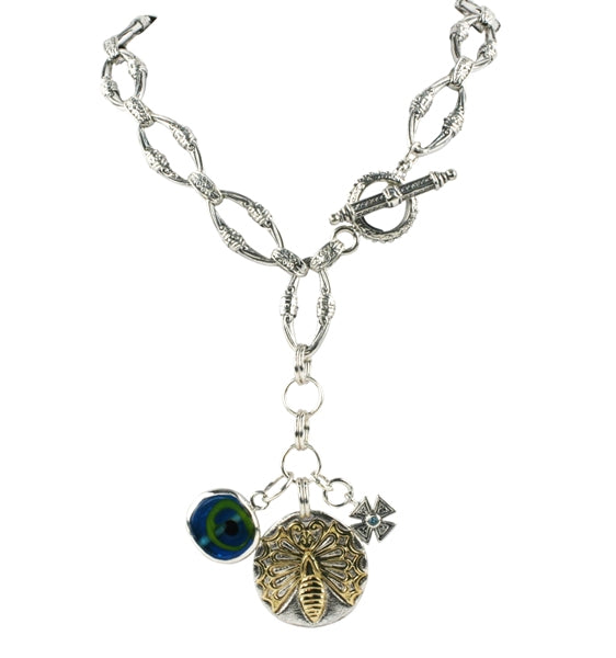 KONSTANTINO STERLING SILVER & 18K GOLD GLASS EVIL EYE & BLUE TOPAZ CHARM NECKLACE FROM THE MATI COLL