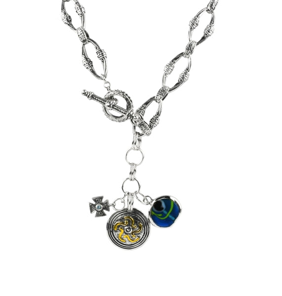 KONSTANTINO STERLING SILVER & 18K GOLD GLASS EVIL EYE & BLUE TOPAZ  CHARM NECKLACE FROM THE MATI COL