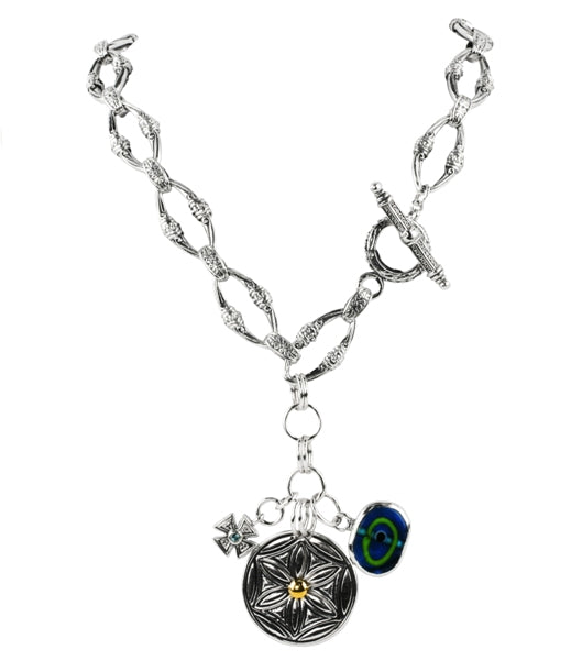 KONSTANTINO STERLING SILVER & 18K GOLD GLASS EVIL EYE & BLUE TOPAZ CHARM NECKLACE FROM THE MATI COLL