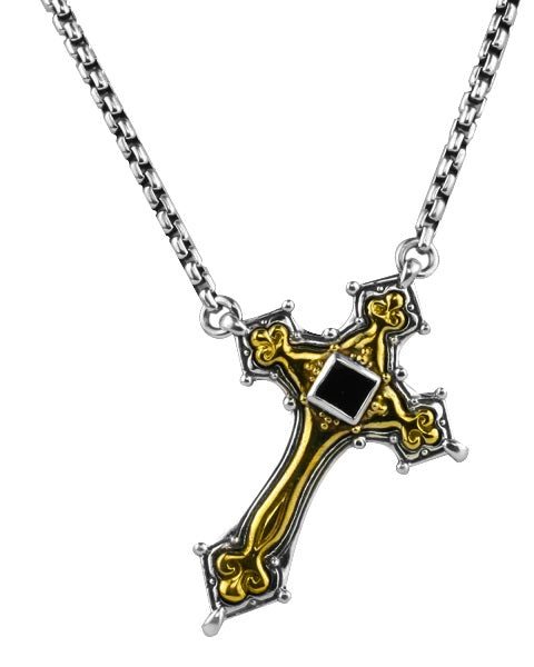 KONSTANTINO STERLING SILVER & BRONZE ONYX CROSS NECK FROM THE MYRMIDONES COLLECTION