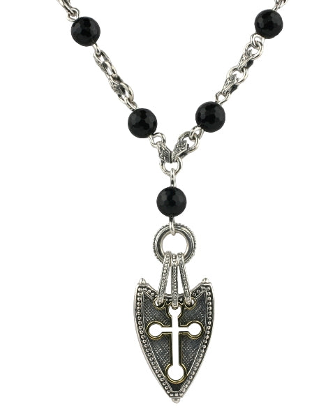 KONSTANTINO STERLING SILVER & BRONZE ONYX SHIELD BEADED NECK FROM THE MYRMIDONES COLLECTION