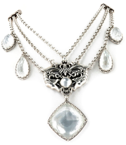 KONSTANTINO STERLING SILVER & ROCK CRYSTAL MOTHER OF PEARL DOUBLET ORNATE NECKLACE FROM THE AURA COL