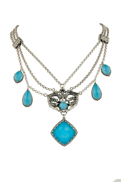 KONSTANTINO STERLING SILVER AND ROCK CRYSTAL TURQUOISE DUBLET ORNATE NECKLACE FROM THE AEGEAN COLLEC