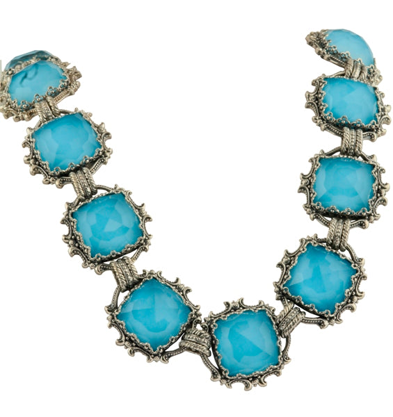 KONSTANTINO STERLING SILVER AND ROCK CRYSTAL TURQUOISE DUBLET ORNATE LINK NECKLACE FROM THE AEGEAN C