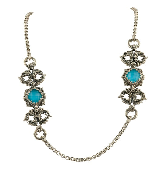 KONSTANTINO STERLING SILVER AND ROCK CRYSTAL TURQUOISE DUBLET TWO STATION NECKLACE FROM THE AEGEAN C