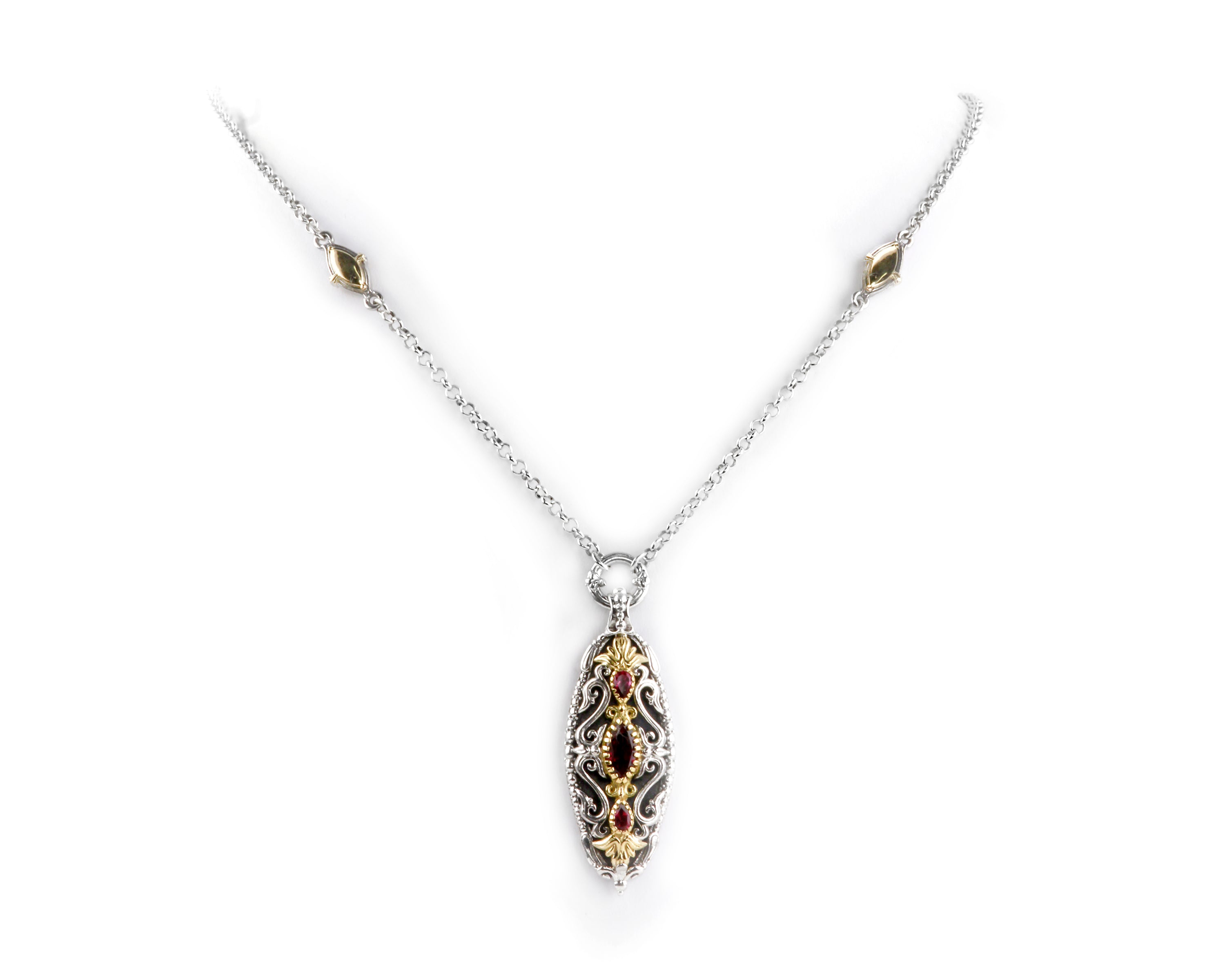 KONSTANTINO STERLING SILVER & 18K GOLD RHODOLITE ORNATE LONG OVAL PENDANT NECKLACE FROM THE ARTEMIS