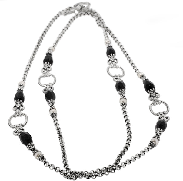 KONSTANTINO STERLING SILVER FACETED ONYX & PEARL-224 NECKLACE FROM THE ARSINOE COLLECTION FROM THE A