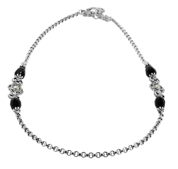 KONSTANTINO STERLING SILVER FACETED ONYX & PEARL NECKLACE FROM THE ARSINOE COLLECTION