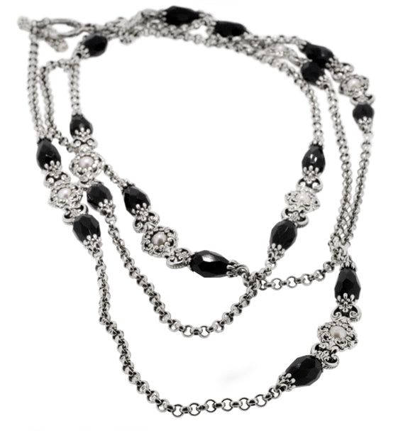 KONSTANTINO STERLING SILVER FACETED ONYX & PEARL NECKLACEv FROM THE ARSINOE COLLECTION